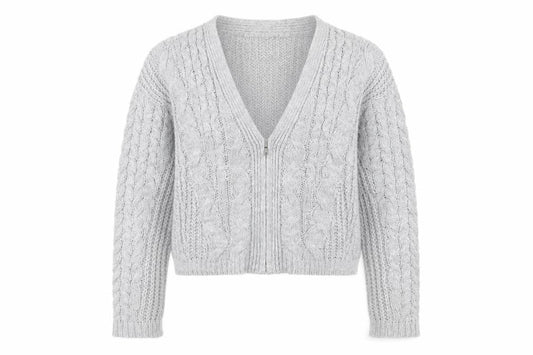 Front view of Warehouse Women’s Grey Cable Knit Cardigan, size UK 6