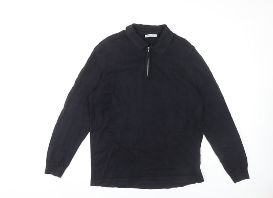 Zara Men's Black Long Sleeve Polo M 100% Cotton