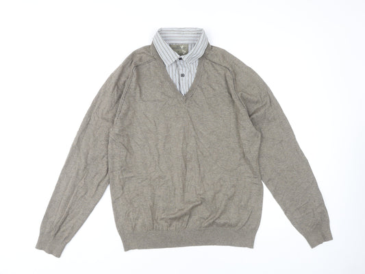Next Men's Beige V-Neck Cotton Pullover Jumper M