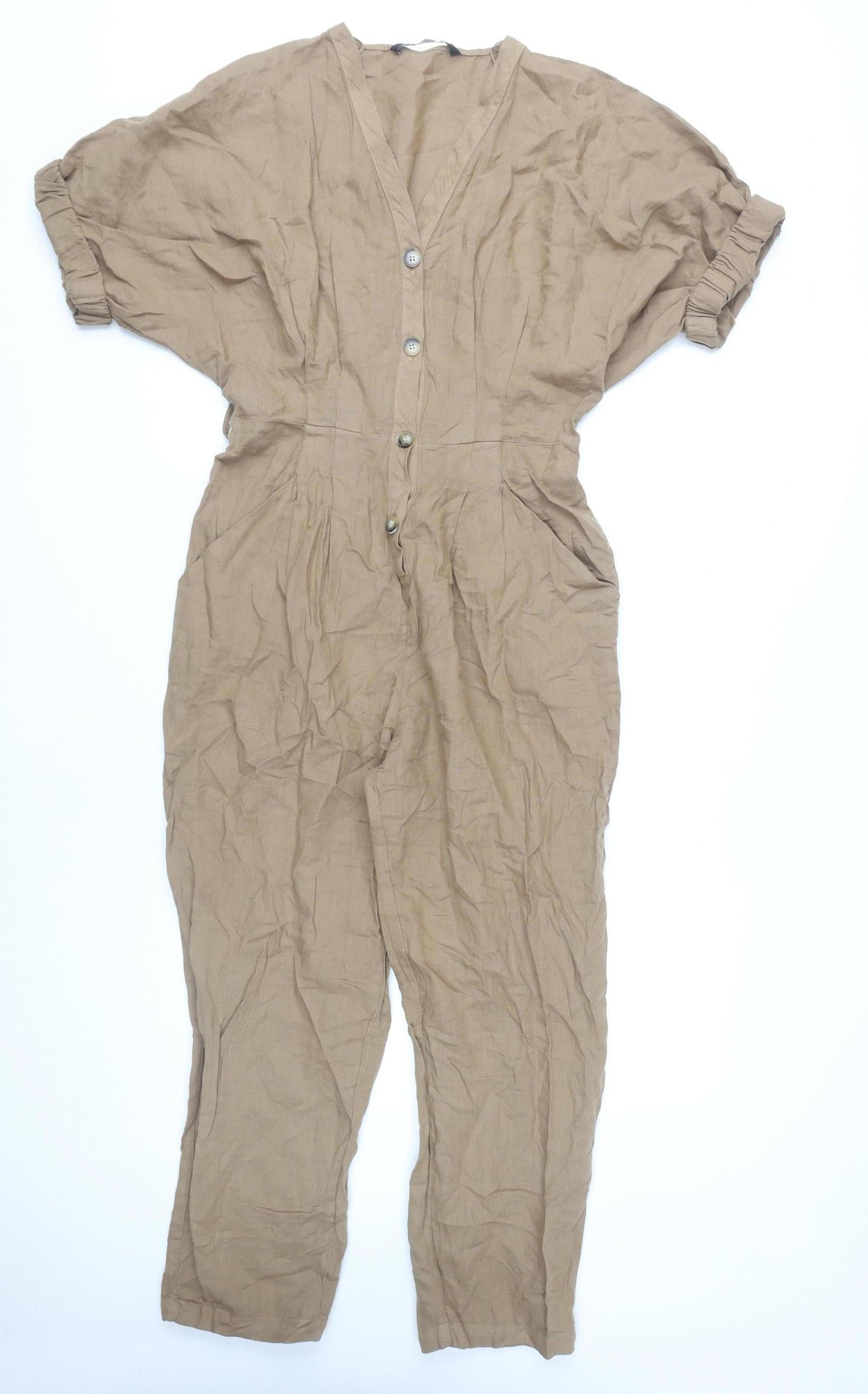 Zara Women's Beige V-Neck Linen Jumpsuit Size 12