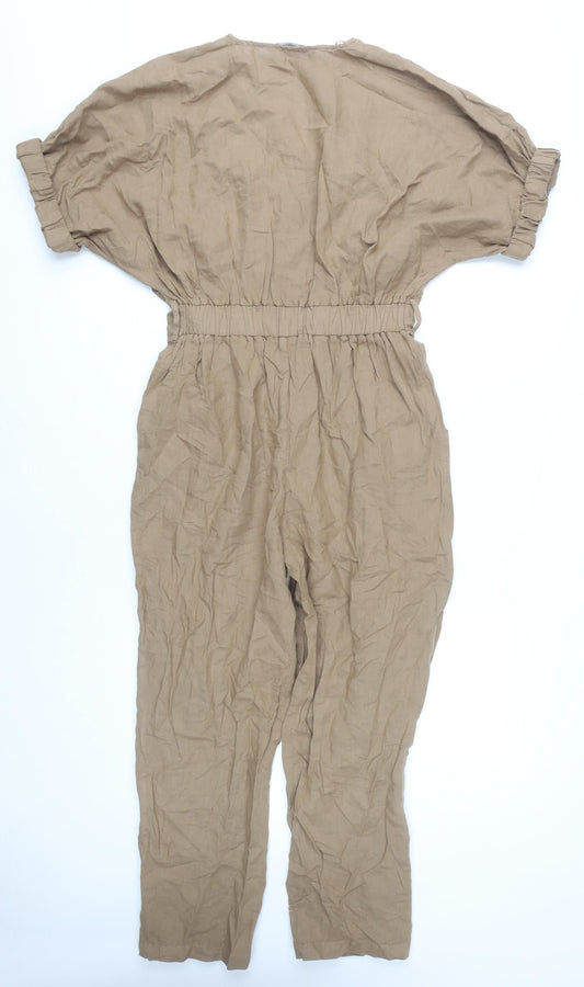 Zara Women's Beige V-Neck Linen Jumpsuit Size 12