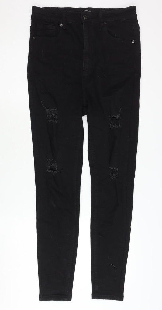 PrettyLittleThing Women's Black Skinny Distressed Jeans - Size 12