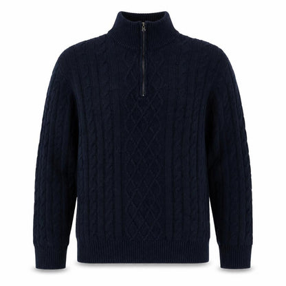 Front view of 4studio Men's Blue Cable-Knit 1/2 Zip Jumper L
