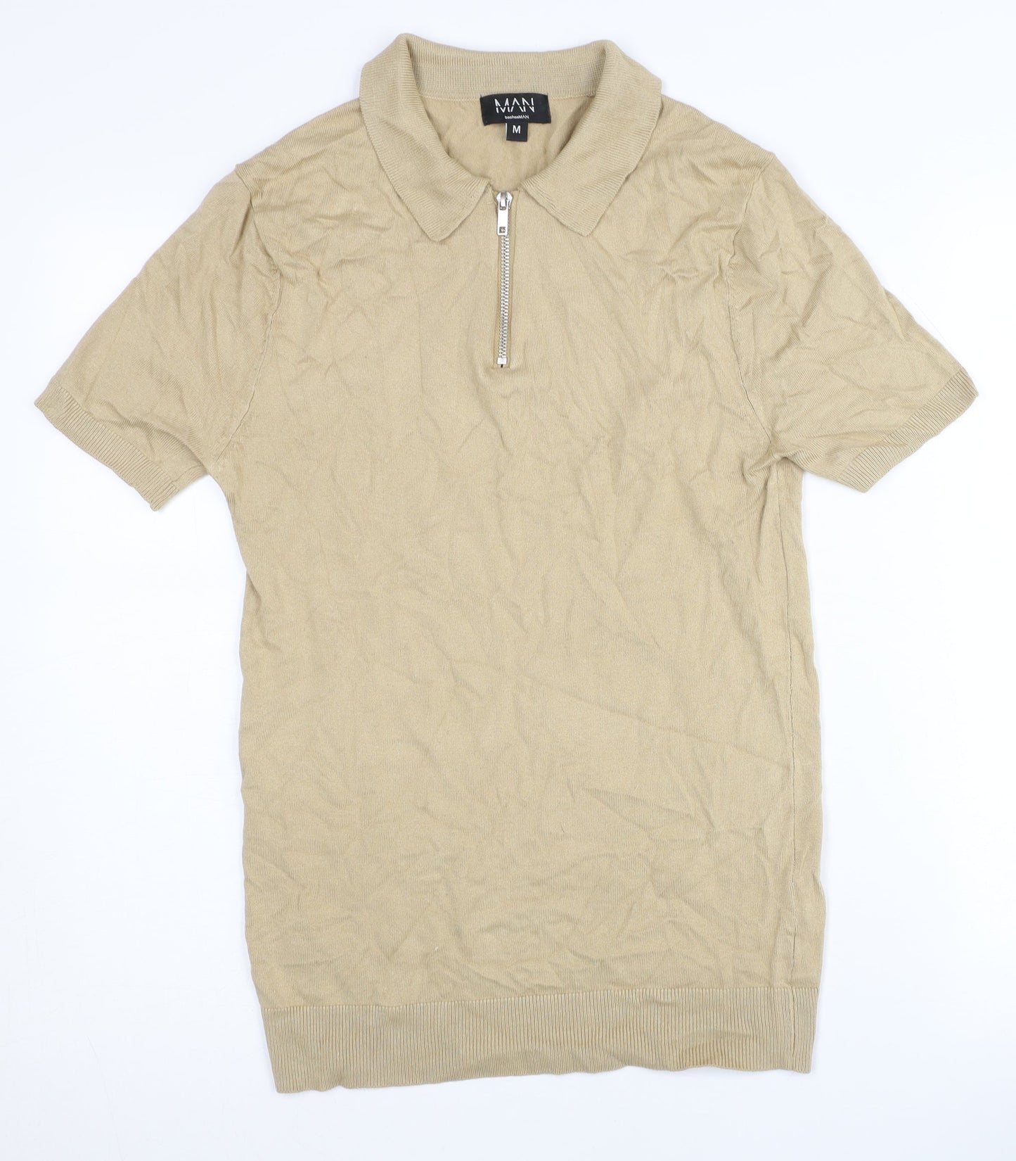 boohooMAN Men's Beige Full Zip Polo Jumper - Size M