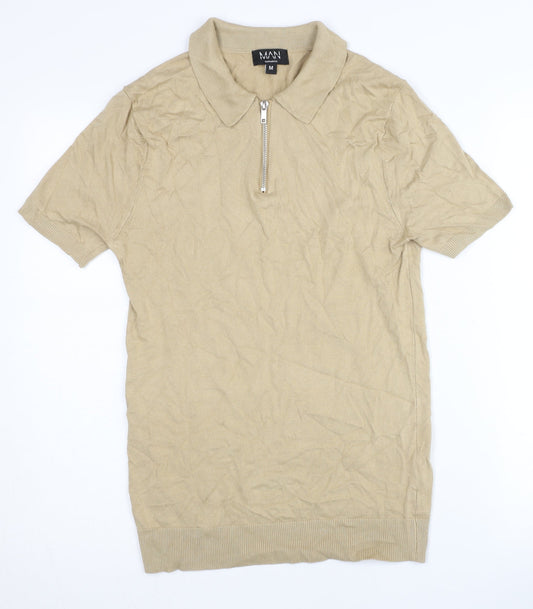 boohooMAN Men's Beige Full Zip Polo Jumper - Size M