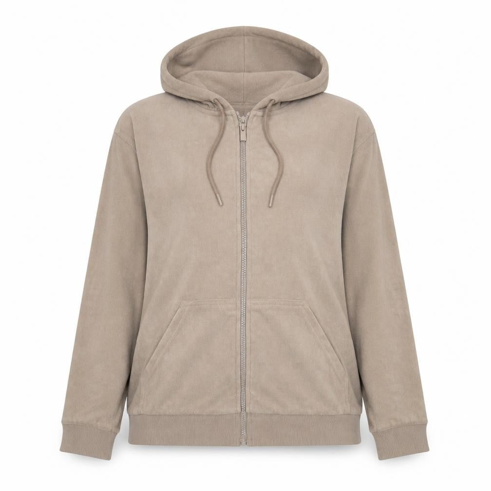 Front view of H&M unisex beige full zip hoodie l