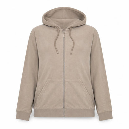 Front view of H&M unisex beige full zip hoodie l