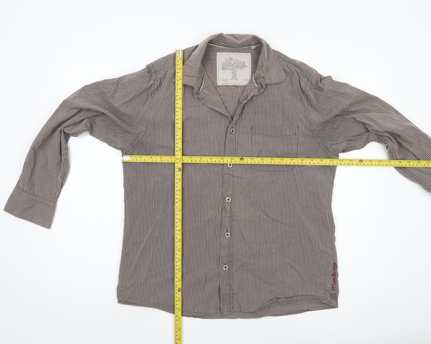 Men's Brown Striped Button-Up Shirt Medium