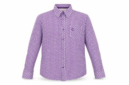 Front view of Jasper J Conran girls’ purple gingham collared long sleeve shirt