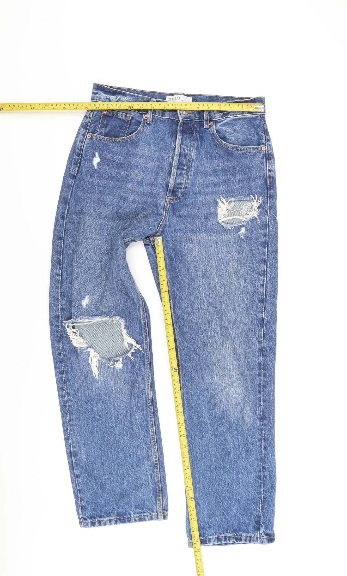 Primark Women's Blue Distressed Straight Jeans - Size 12