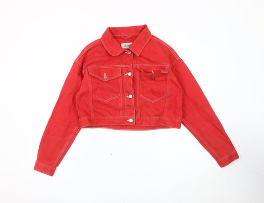 Denim Co. Women's Red Cropped Denim Jacket Size 10 Casual Cotton