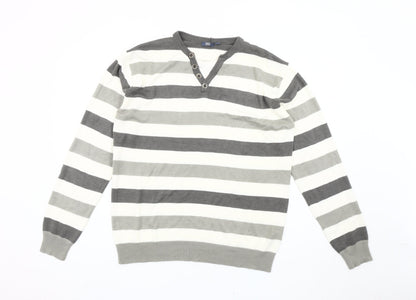 Easy Men's Grey Striped Henley Jumper L Long Sleeve Knit