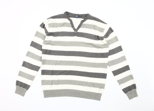 Easy Men's Grey Striped Henley Jumper L Long Sleeve Knit