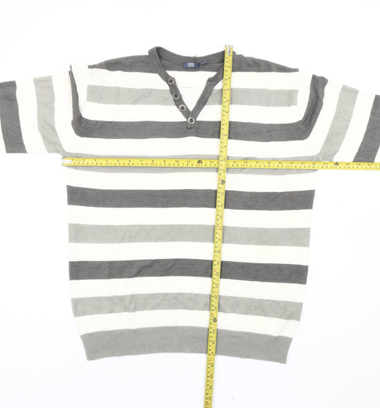 Easy Men's Grey Striped Henley Jumper L Long Sleeve Knit