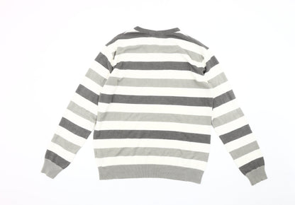 Easy Men's Grey Striped Henley Jumper L Long Sleeve Knit