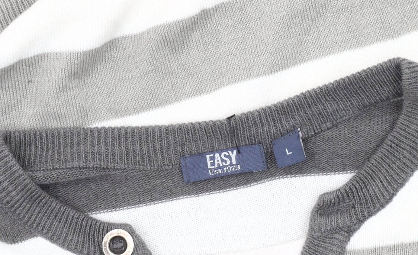 Easy Men's Grey Striped Henley Jumper L Long Sleeve Knit