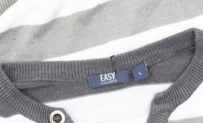 Easy Men's Grey Striped Henley Jumper L Long Sleeve Knit