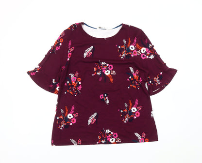 Boden Women’s Purple Floral Jersey Blouse UK 14 Short Flutter Sleeve