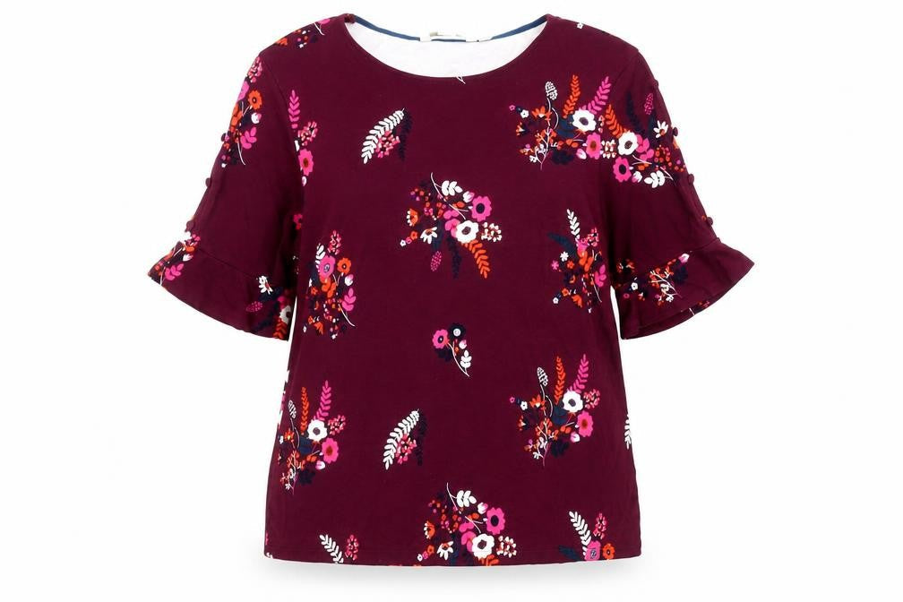 Boden Women’s Purple Floral Jersey Blouse UK 14 Short Flutter Sleeve