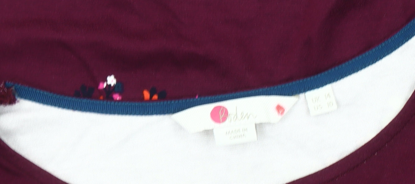 Boden Women’s Purple Floral Jersey Blouse UK 14 Short Flutter Sleeve