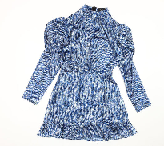 AX Paris Women Blue Animal Print Mini Bodycon Dress Size 12 Puff Sleeve