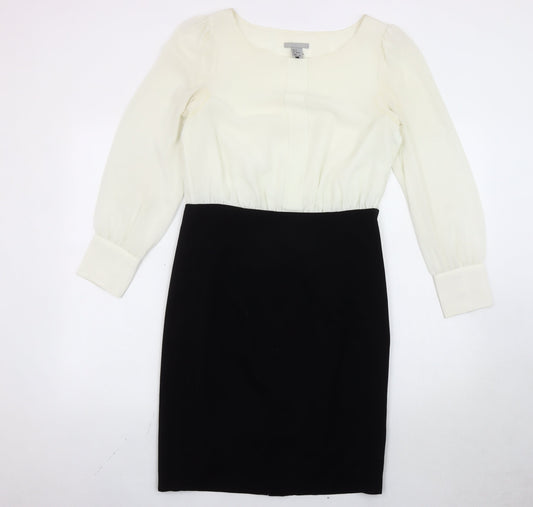 H&M Women’s Black White Sheath Dress Size 10 Knee Length Long Sleeve
