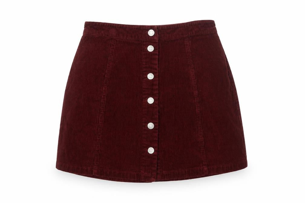 Front view of 915 Generation Teens Red Corduroy Button Skirt, size 14, High Rise