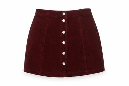 Front view of 915 Generation Teens Red Corduroy Button Skirt, size 14, High Rise