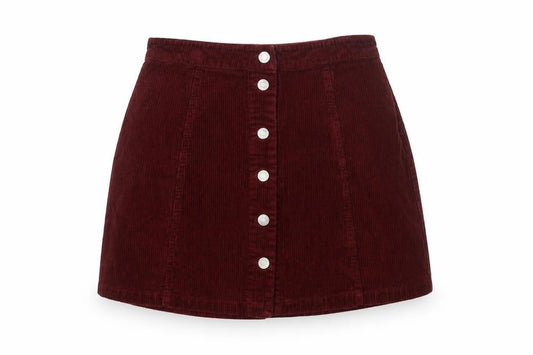 Front view of 915 Generation Teens Red Corduroy Button Skirt, size 14, High Rise