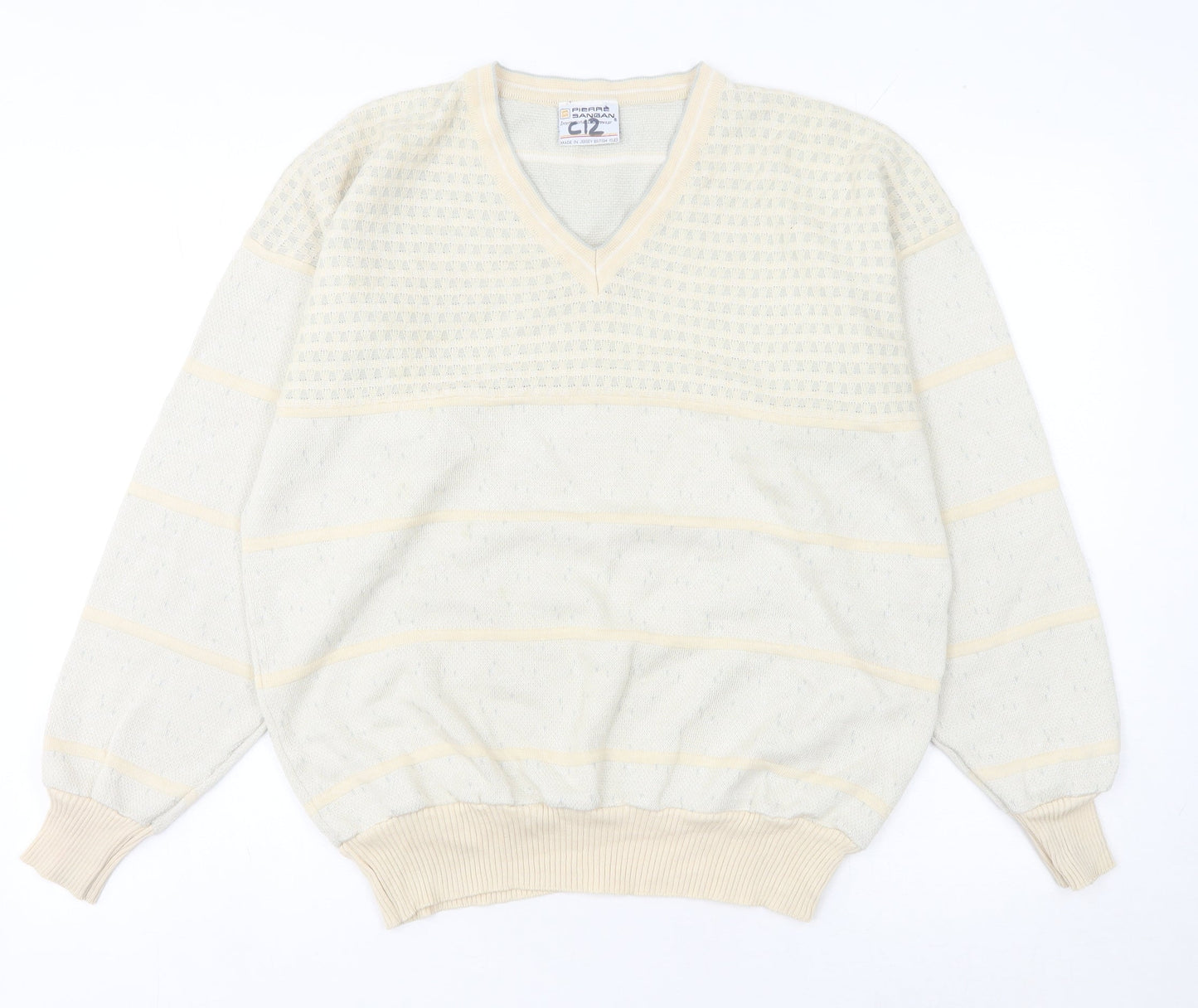 Pierre Sangan Men's Beige XL V-Neck Striped Vintage Wool Blend Jumper