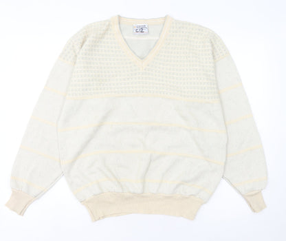 Pierre Sangan Men's Beige XL V-Neck Striped Vintage Wool Blend Jumper