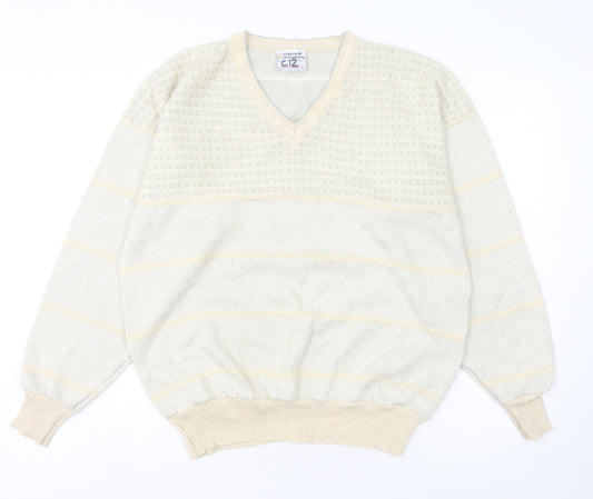 Pierre Sangan Men's Beige XL V-Neck Striped Vintage Wool Blend Jumper