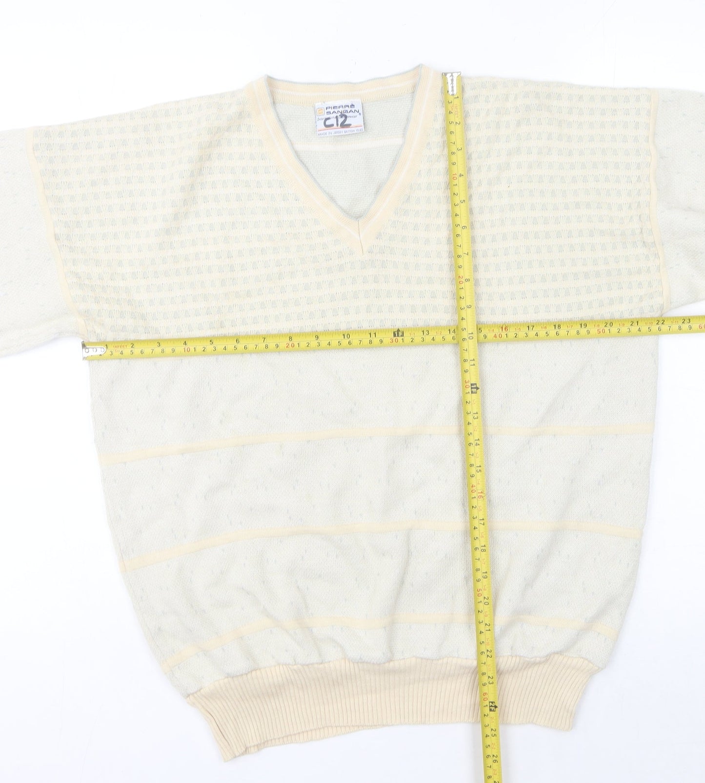 Pierre Sangan Men's Beige XL V-Neck Striped Vintage Wool Blend Jumper