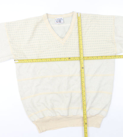 Pierre Sangan Men's Beige XL V-Neck Striped Vintage Wool Blend Jumper