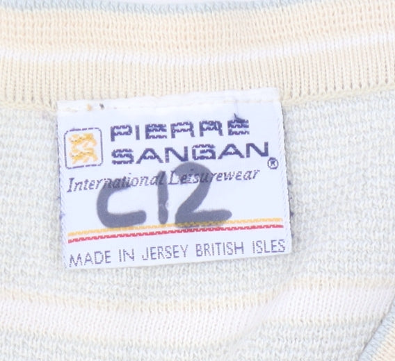 Pierre Sangan Men's Beige XL V-Neck Striped Vintage Wool Blend Jumper