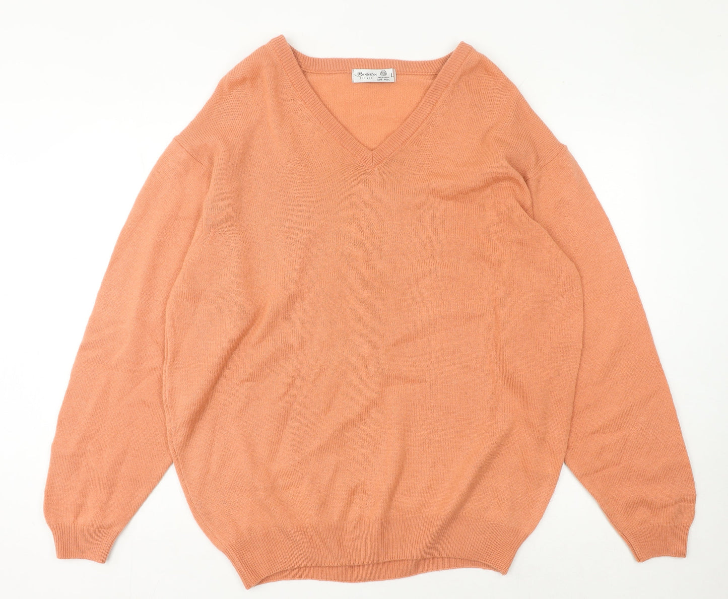 Berkertex Men’s Orange Lambswool V-Neck Jumper L Tight-Knit Vintage