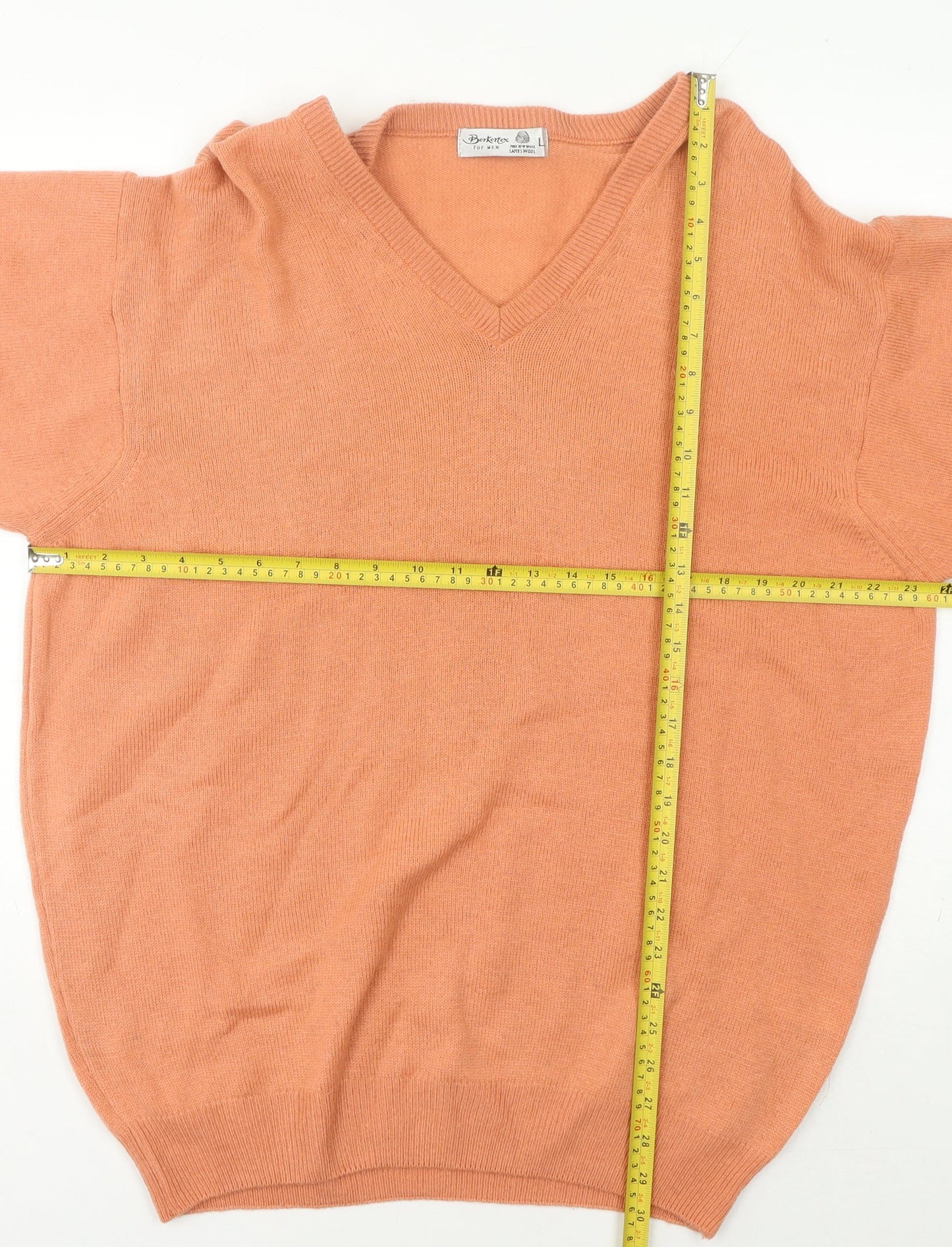 Berkertex Men’s Orange Lambswool V-Neck Jumper L Tight-Knit Vintage