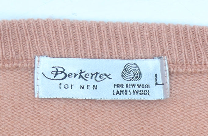 Berkertex Men’s Orange Lambswool V-Neck Jumper L Tight-Knit Vintage
