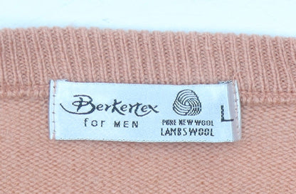 Berkertex Men’s Orange Lambswool V-Neck Jumper L Tight-Knit Vintage