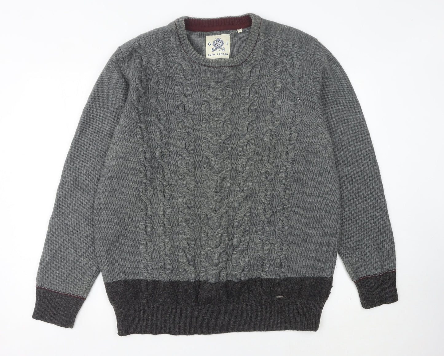 Guide London Men's Grey 2XL Cable-Knit Wool Blend Jumper