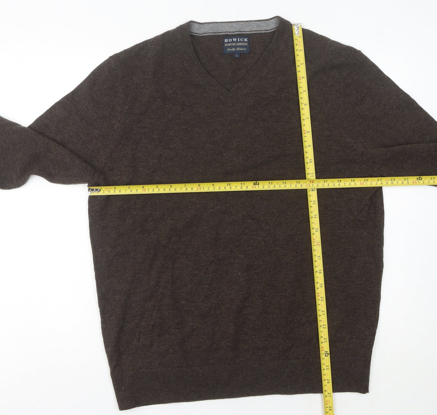 Howick Mens Brown Wool V-Neck Pullover Jumper L Regular Fit