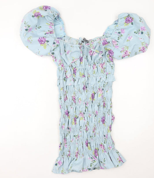 Missguided Women’s Blue Floral Puff Sleeve Bodycon Dress UK 12