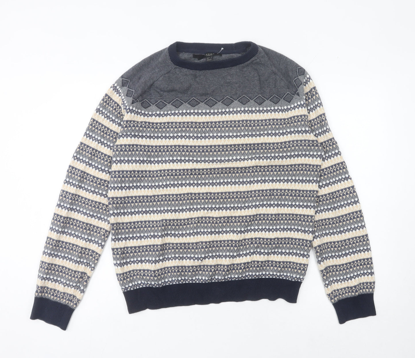 Broken Standard Men's Blue Fair Isle Cotton Crew Neck Jumper L