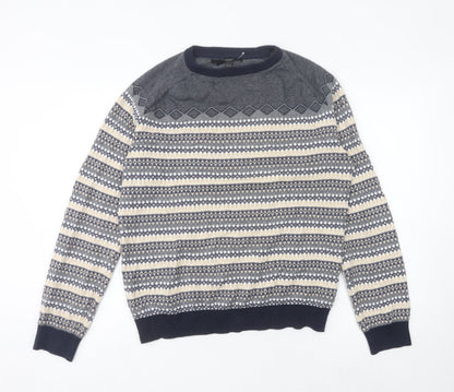 Broken Standard Men's Blue Fair Isle Cotton Crew Neck Jumper L