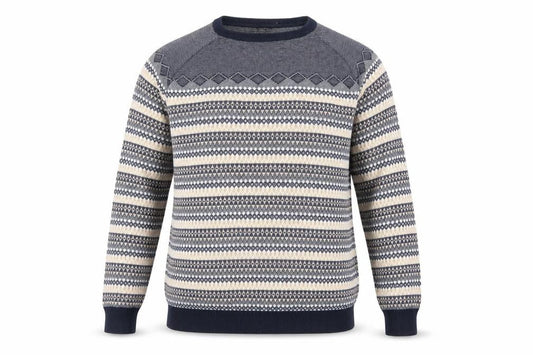 Broken Standard Men's Blue Fair Isle Cotton Crew Neck Jumper L