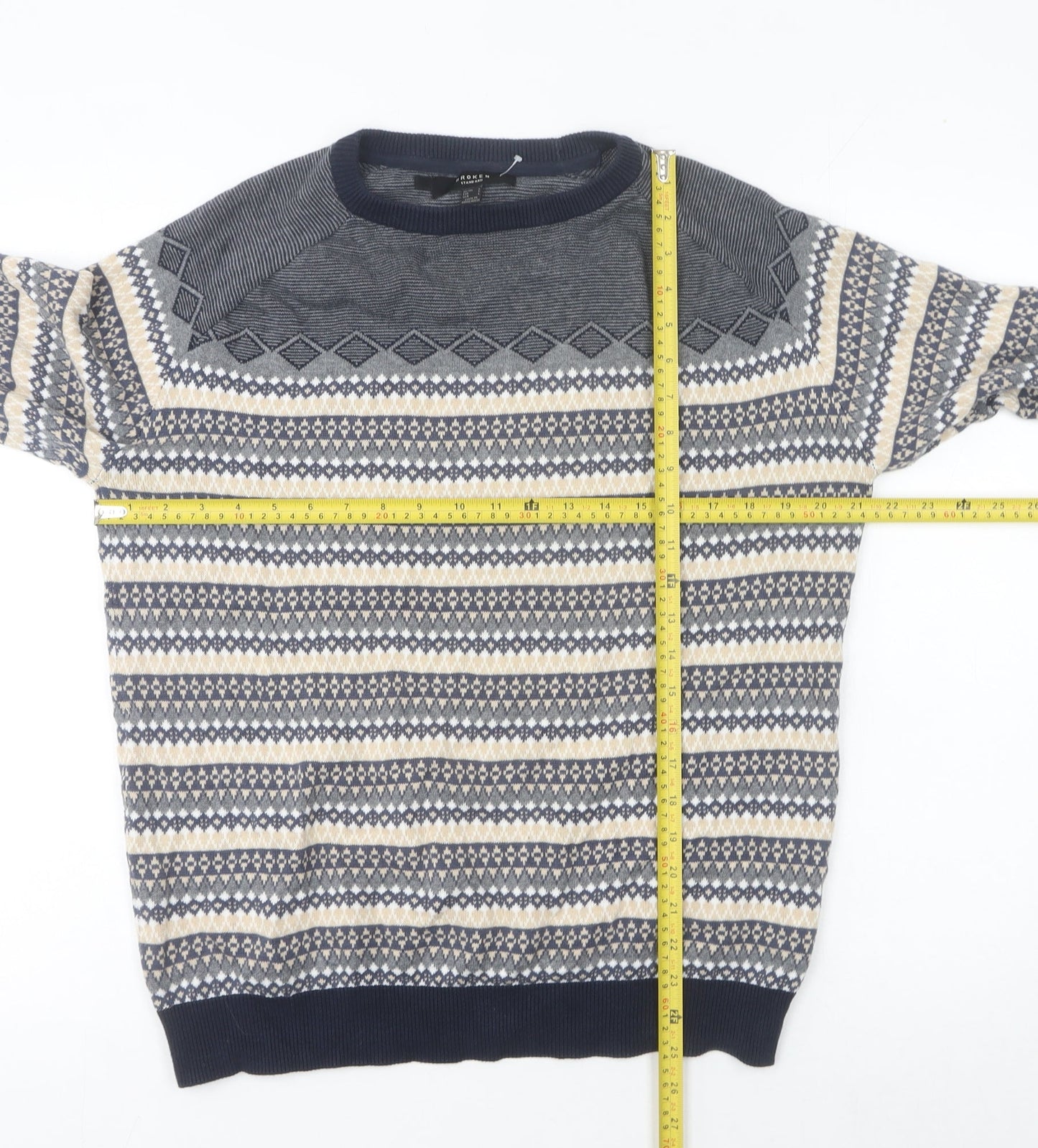 Broken Standard Men's Blue Fair Isle Cotton Crew Neck Jumper L