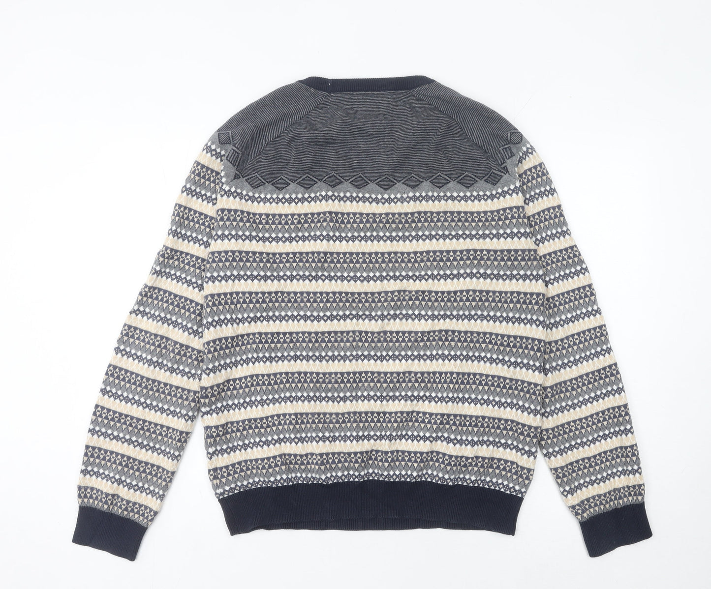 Broken Standard Men's Blue Fair Isle Cotton Crew Neck Jumper L