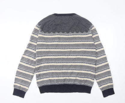 Broken Standard Men's Blue Fair Isle Cotton Crew Neck Jumper L