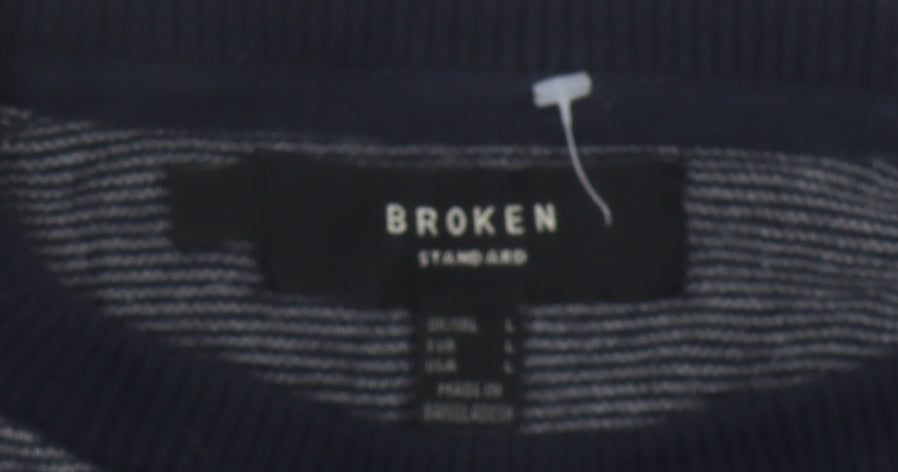 Broken Standard Men's Blue Fair Isle Cotton Crew Neck Jumper L
