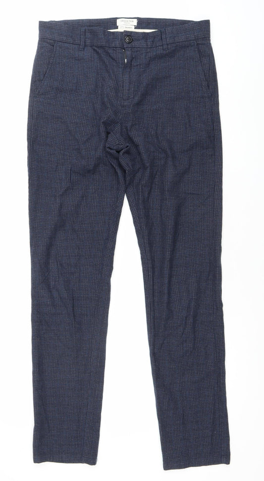 SELECTED HOMME Men’s Blue Check Slim Fit Chino Trousers L 34W 32L